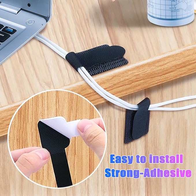 40 Hook and Loop Cable Ties, Sticky-back Cord Organizer, Cable Clip, Cable Management Under Desk, Self Adhesive Hook and Loop Cable Straps, Adjustable Nylon Wire for Home, Office (Black)