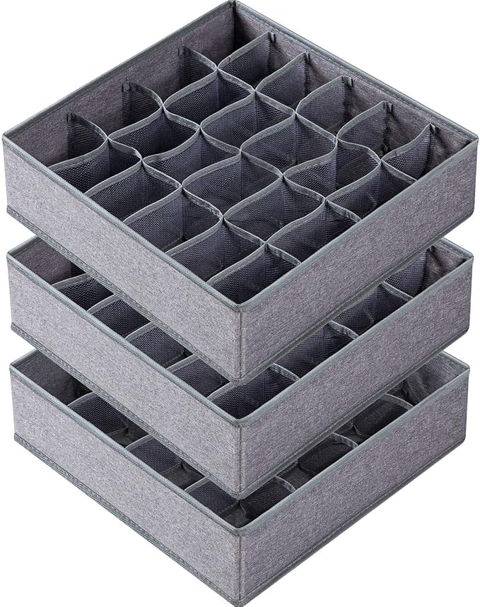 Criusia 3 Pack Sock Underwear Drawer Organizer Dividers, 64 Cell Fabric Foldable Dresser Organizer for Closet Organizers and Storage Boxes for Organizing Socks, Underwear, Ties (16+24+24 Cell, Gray)
