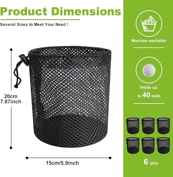 Golf Ball Storage Bag-6 Pack Mesh Bags with Drawstring，Golf Shag Bag Organizer,Sports Equipment Organizer Sack，for Collecting Half Balls Tennis Beach Trave