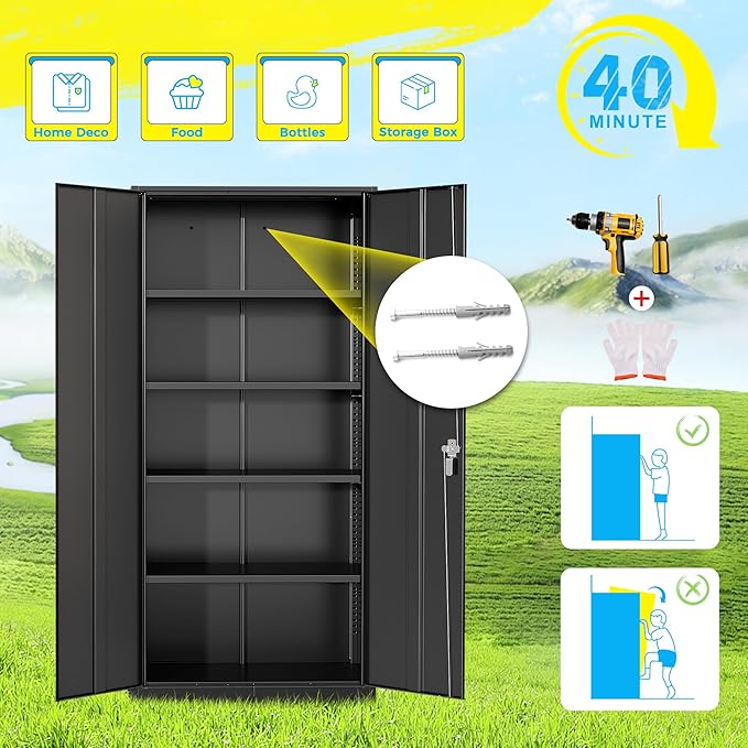 Pataku 71'' Metal Storage Cabinet, Garage Storage Cabinet with 2 Doors and 4 Adjustable Shelves, Steel Lockable Storage Cabinet, Black File Cabinets for Home, Office, Warehouse