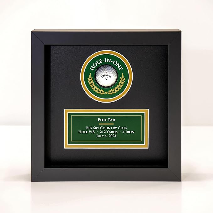 MASTERPIECE FRAMING + IMAGING Hole-in-One Golf Display Case Frame for Ball & Printed Graphic Info Insert (Sport, Black)