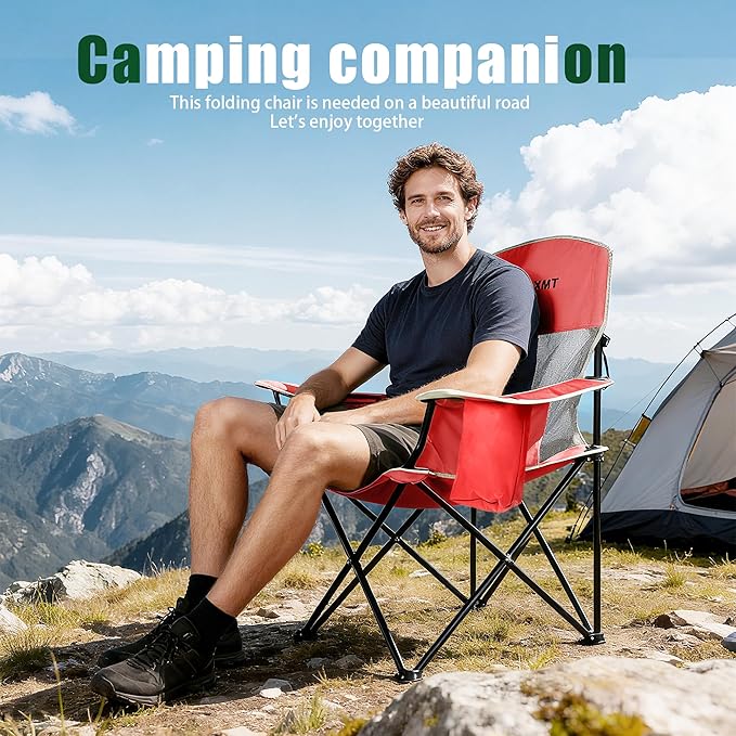 Portable Outdoor Folding Chair with Cup Holder & Cooler Bag - Breathable Mesh, Wide Armrests, Ergonomic Design for Camping, Beach, Backyard - Includes Storage Bag & Bottle Opener (Black/Green/Red)