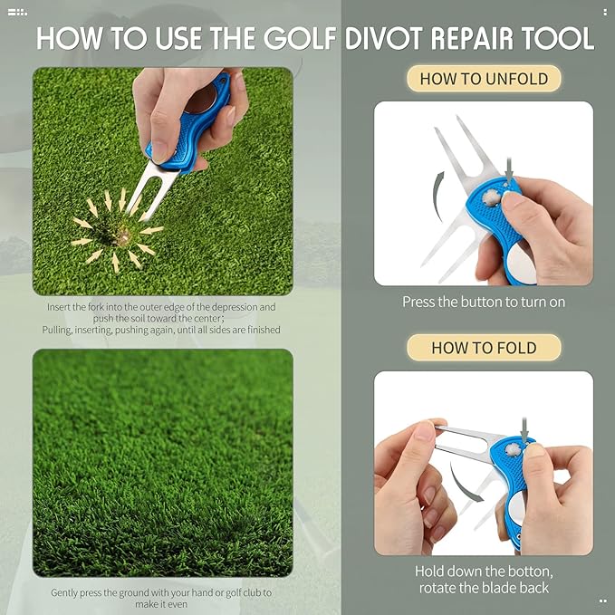 Skylety 4 Pcs Golf Divot Repair Tool Metal Foldable Golf Divot Tool with Magnetic Pop-up Button Ball Marker Stainless Steel Switchblade for Golfers Prizes