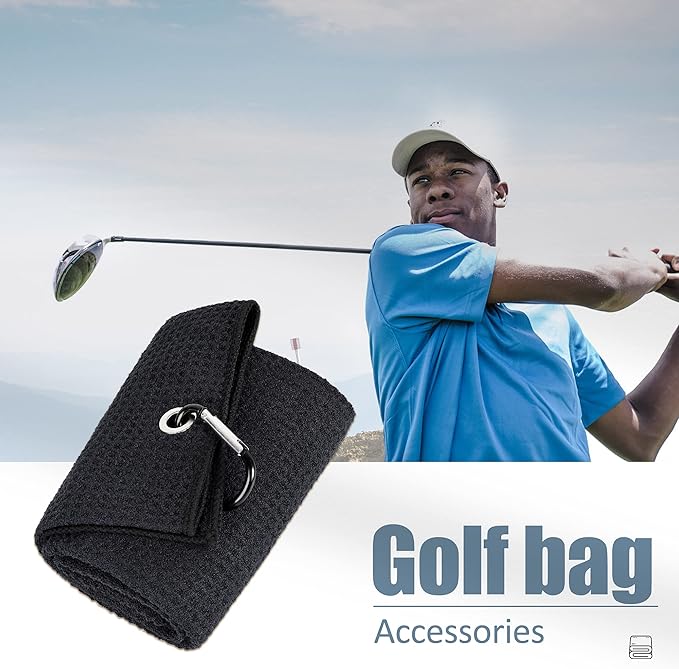 Mile High Life Tri-fold Golf Towel | 16" X 24" | Premium Microfiber Fabric | Waffle Pattern | with Heavy Duty Carabiner Clip | for Men and Women (2 Pack Black)