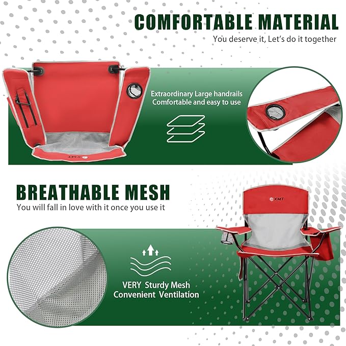 Portable Outdoor Folding Chair with Cup Holder & Cooler Bag - Breathable Mesh, Wide Armrests, Ergonomic Design for Camping, Beach, Backyard - Includes Storage Bag & Bottle Opener (Black/Green/Red)