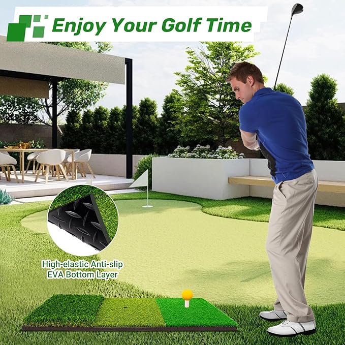 Tri-Turf Golf Hitting Mat,3-in-1 Golf Practice Mat for Driving, Chipping & Putting Training, Durable Portable Golf Chipping Mat with Rubber Backing for Indoor Outdoor Backyard Use