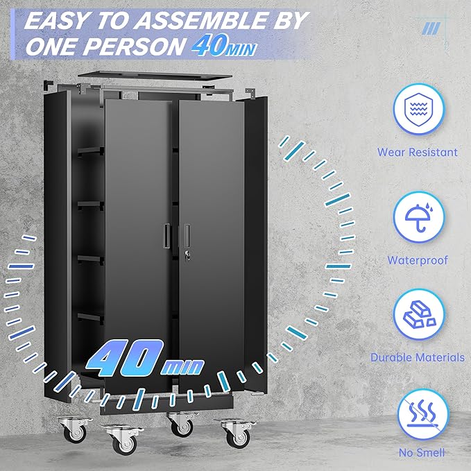 Pataku 73" Metal Storage Cabinet with Wheels, Garage Storage Cabinet with 4 Adjustable Shelves & Lockable Doors for Garage Home Office, Heavy Duty Tool Cabinets