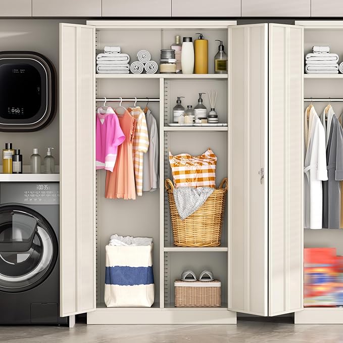 Greenvelly Metal Wardrobe Cabinet with Lock Door, 72" Metal Wardrobe Closet with Hanging Rods and Adjustable Shelves, Clothing Storage Closet Cabinet for Home, Office, Employee, Gym (Grey)