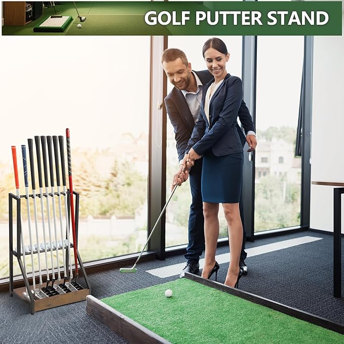 Golf Putter Stand for 9 Clubs & 9 Balls, Solid Wood & Iron Golf Club Rack, Golf Club Organizer Floor Stand, Golf Club Holder | Rustic Modern Design for Home, Office, Golf Course Accessories