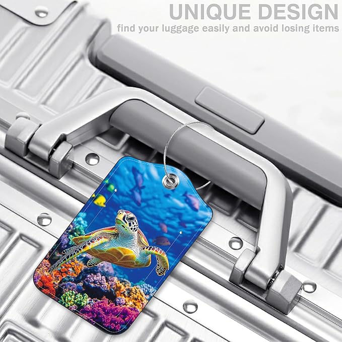 2 Pcs Sea Turtle Luggage Tags for Suitcases PU Leather Baggage Tags Name ID Label with Privacy Cover and Stainless Steel Loop for Men Women Travel Bag Suitcase