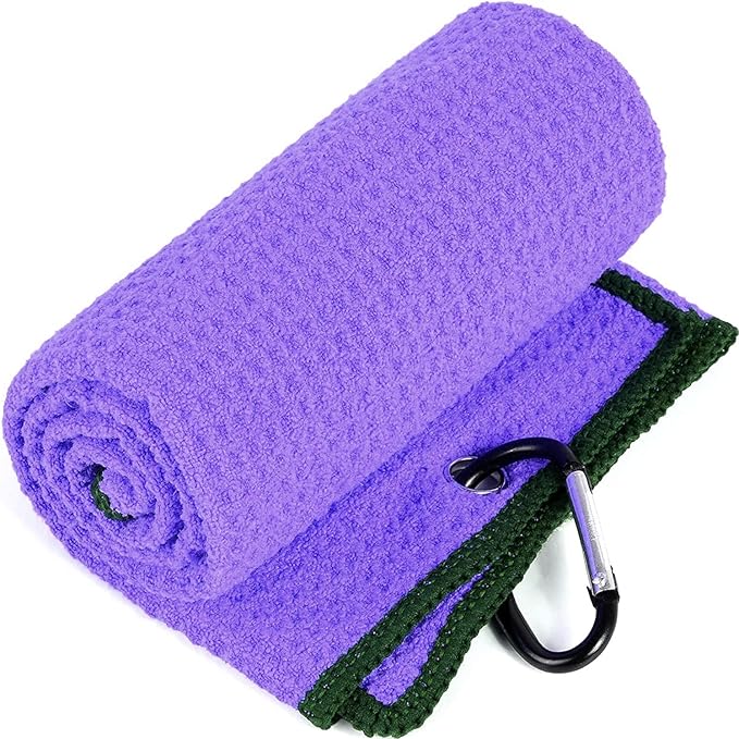 VIVIDLY 2 Pack Tri-fold Golf Towels, Premium Microfiber Fabric Waffle Pattern with Black Heavy Duty Carabiner Clip, Purple Golf Towels for Golf Bags for Men (Purple)