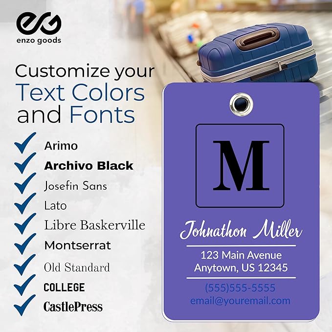 Personalized Luggage Tag | 4 Pack | Custom Luggage Tags for Suitcases | Kids Backpack Tag | 10 Color Options & Choose Font, Font Color