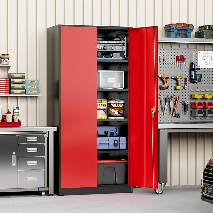 Greenvelly Metal Storage Cabinet with Doors and Shelves, 72”-Inch Locking Metal Cabinet,Garage Storage Cabinet for Garage Office School Warehouse (Black Red)
