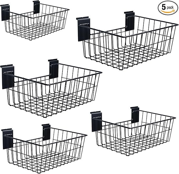 Slatwall Baskets, 15-Inch Width Heavy Duty Steel Wire Slat Wall Hanging Basket - Versatile Slatwall Accessory for Retail, Garage, Office, Sports, Toys, and More (5 Pack)