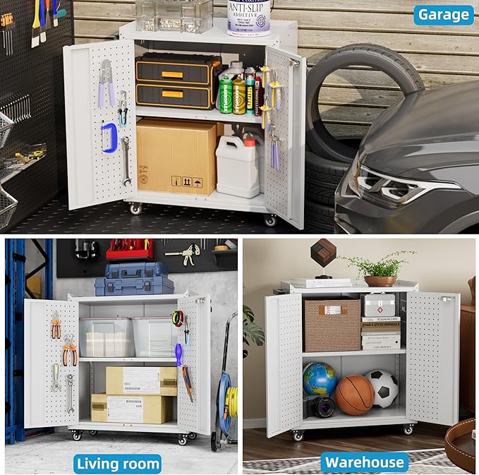SUXXAN Metal Storage Cabinet with 2 Doors and 4 Hooks,34" H Top Workbench Mobile Tool Chests Garage Cabinets with 4 Wheels and Lock/Push Arm for Home,Office,Shop(White)