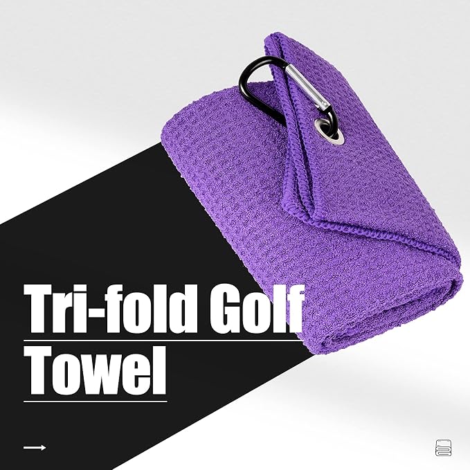Mile High Life Tri-fold Golf Towel | 16" X 24" | Premium Microfiber Fabric | Waffle Pattern | with Heavy Duty Carabiner Clip | for Men and Women (2 Pack Purple)