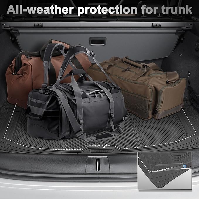 CAR PASS Universal Car Floor Mats & Cargo Liner Full Set, Waterproof Anti-Slip Rubber Trim to Fit Trunk Mats All Weather Protection Fit Car SUV Sedan Coupe Vehicle Automotive 5 Pieces, S-M Size Black