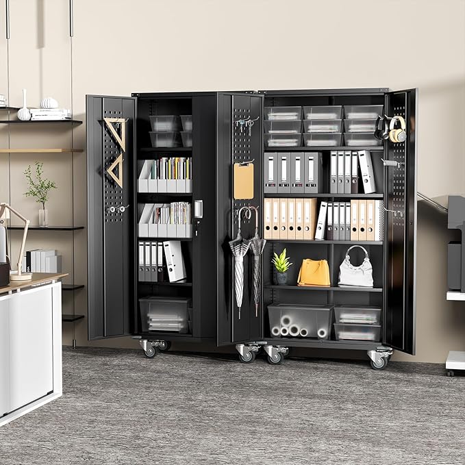Greenvelly Metal Storage Cabinet with Wheels, Lockable 72" Black Metal Garage Cabinets with 2 Doors and 4 Adjustable Shelves, Rolling Steel Tool Cabinet for Garage, Home Office, School