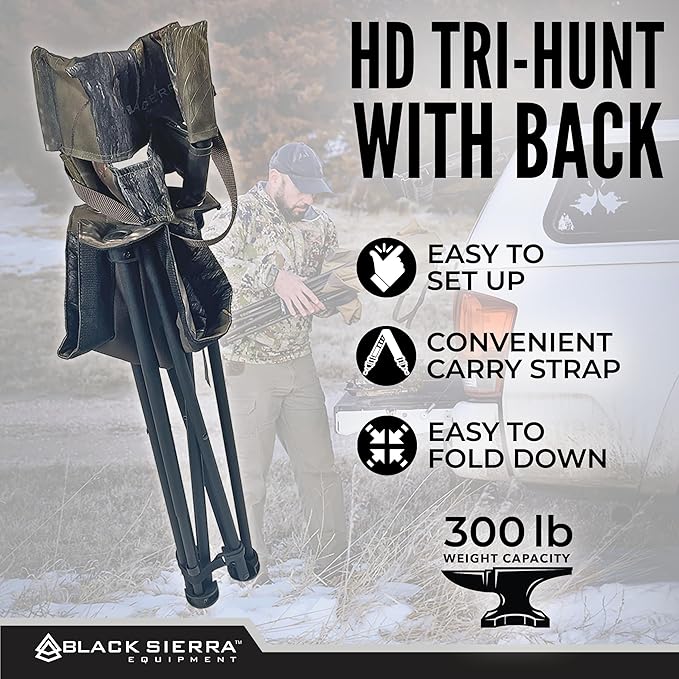 Black Sierra HD Tri-Hunt with Back Hunting Stool, Foldable Tripod Seat w/Steel Frame Supports 300 Lbs, Heavy Duty Fishing Chair Features Cup-Holder & Carry Shoulder Strap, for Camping