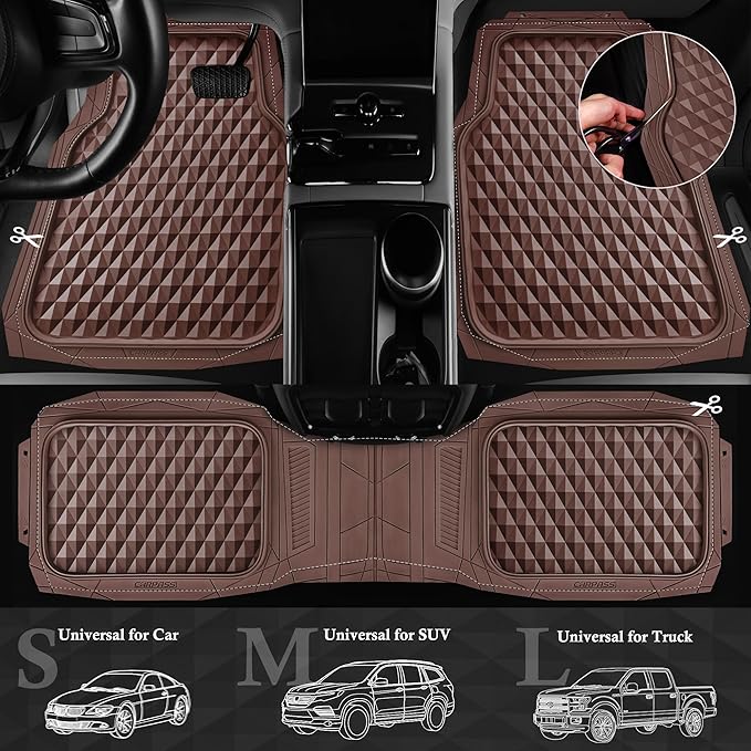 CAR PASS Heavy Duty Rubber Car Mats, Deep Dish All-Weather Floor Mat for Car Full Set Durable Anti-Slip 3D Rhombus Waterproof Trim to Fit Liner Universal Fit Automotive,Sedan,SUV,Truck, 3 Piece Brown