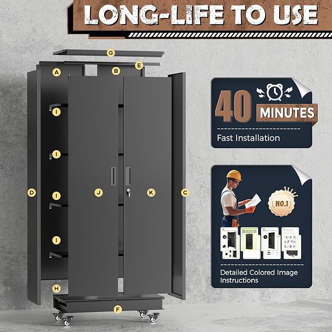 INTERGREAT Metal Garage Storage Cabinet with Wheels, Rolling Storage Cabinet with Locking Doors and 4 Adjustable Shelves,- 73" Steel Tool Cabinet for Home Office,Garage,Warehouse，Black