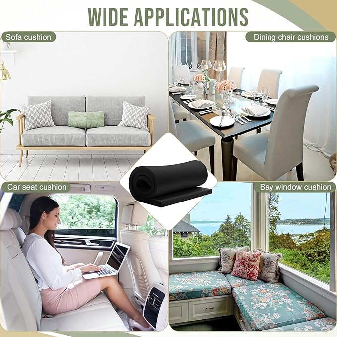Frienda 2 Pcs Upholstery Foam 1" x 24" x 72" High Density Cushion Black Polyurethane Craft Foam Padding for Seat Replacement DIY Projects Chairs Headboards Sofas Home