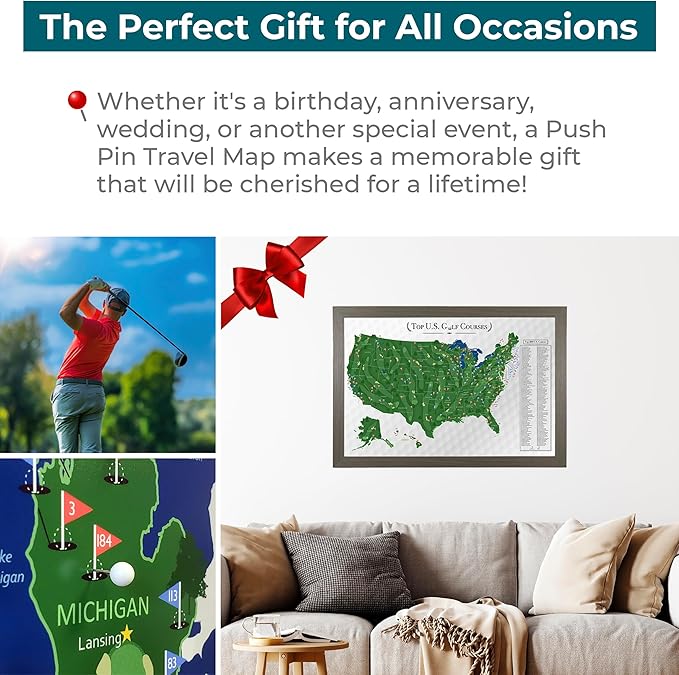 Push Pin Travel Maps Customizable Wall Art - Top Golf Courses USA Map - Barnwood Gray - Framed Pin Map, Includes 150 Pins - Handcrafted in USA - 27.5" x 39.5"