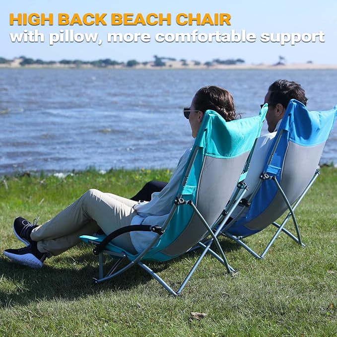 KingCamp Low Beach Chairs, Folding Portable Chair for Adults Lightweight Extra Wide Seat 300lbs Heavy Duty Oversized Backpack, Carry Bag for Camping