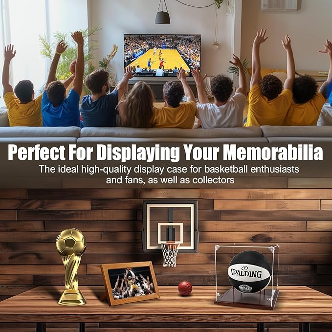 Basketball Display Case Acrylic Clear, Full Size Basketball Case with Solid Wood Base & UV Protected Display Stand for Autographed Standard Ball, Display Case for Basketball Memorabilia Keepsake