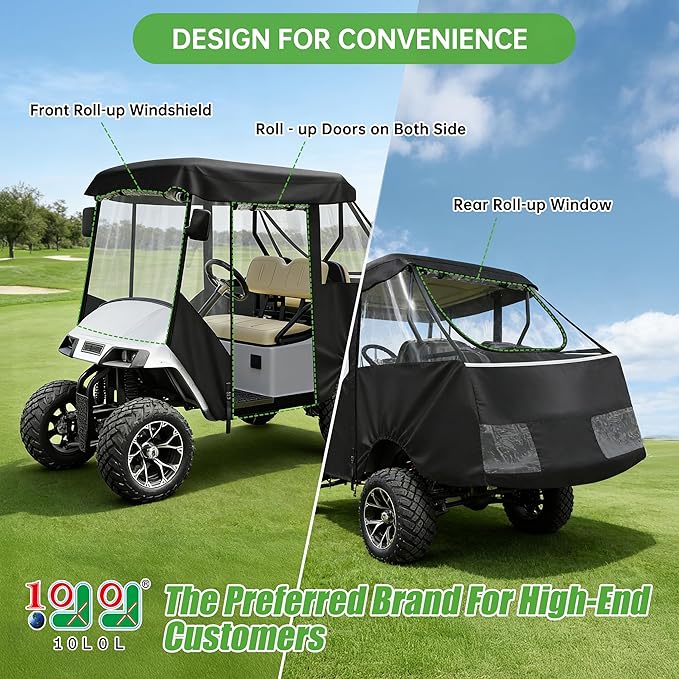 10L0L 2/4 Passenger Golf Cart Driving Enclosure for EZGO TXT/RXV Model, 4-Sided Clear Window 600D Rain Cover All Weather Windproof Waterproof - Black/Beige