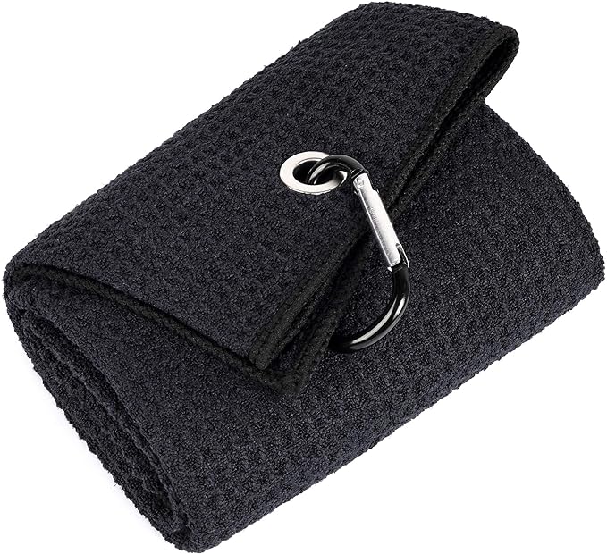 Mile High Life Microfiber Golf Towel, 21" X 24", Waffle Pattern w Clip, Super Absorbent Tri-fold Large Towels, Golf Bag Accessories for Men & Women（Black）