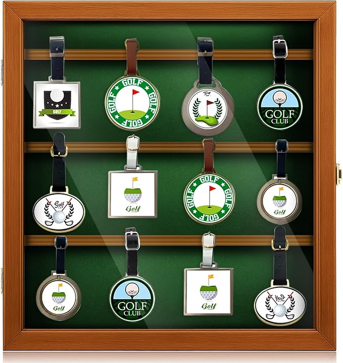 Golf Bag Tag Collection Display Case Holds 40 Bag Tags 16.54 x 15.35 x 1.77 Inch Wall Mount Wooden Shadow Box W/98% UV Acrylic Door Lockable Storage Display Box for Collection(Brown, Green)