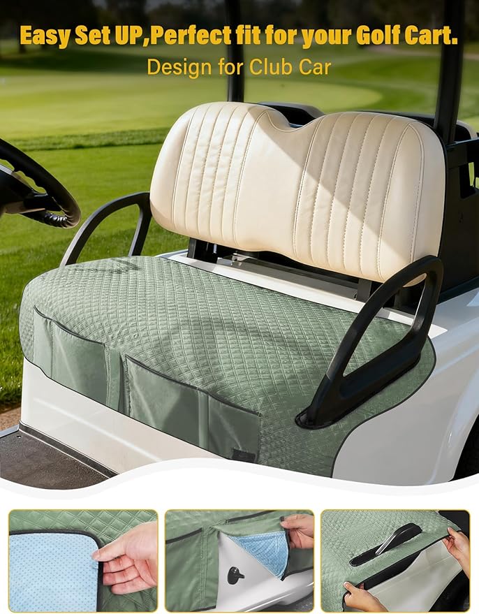 Golf Cart Seat Covers,Golf Cart Seat Towel Blanket with 4 Front Pockets & Nonskid Bottom Fits for Club Car and More 2 Person Seats Golf Carts (Silver Green, Club Car)