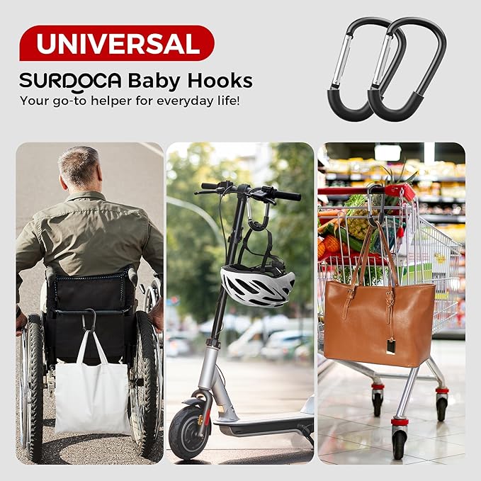 SURDOCA Stroller Hooks - Large, Heavy Duty Universal Stroller Clips and Hooks for Bags - Mommy Hook Accessories
