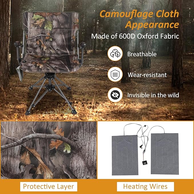 REDCAMP 360° Swivel Heated Hunting Chairs for Ground Blinds, Portable Folding Camo Camping Chairs for Adults Hunting Seats with Hard Arms for Fishing Camping(No Power Bank)