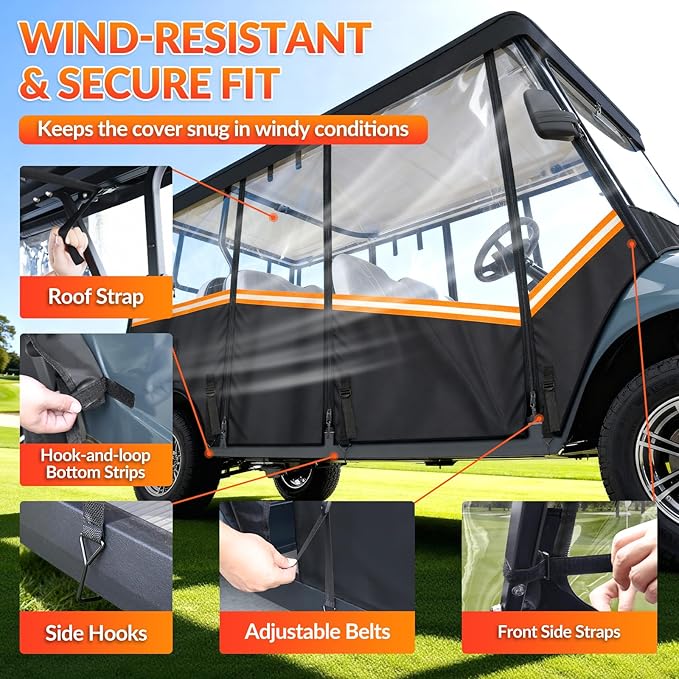 Golf Cart Enclosure for 6 Passenger, 600D Waterproof Golf Cart Rain Cover with Clear PVC Windshields, Compatible with Club Car & EZGO, Fits Extended Roof, Roll-Up Doors & Windproof Straps