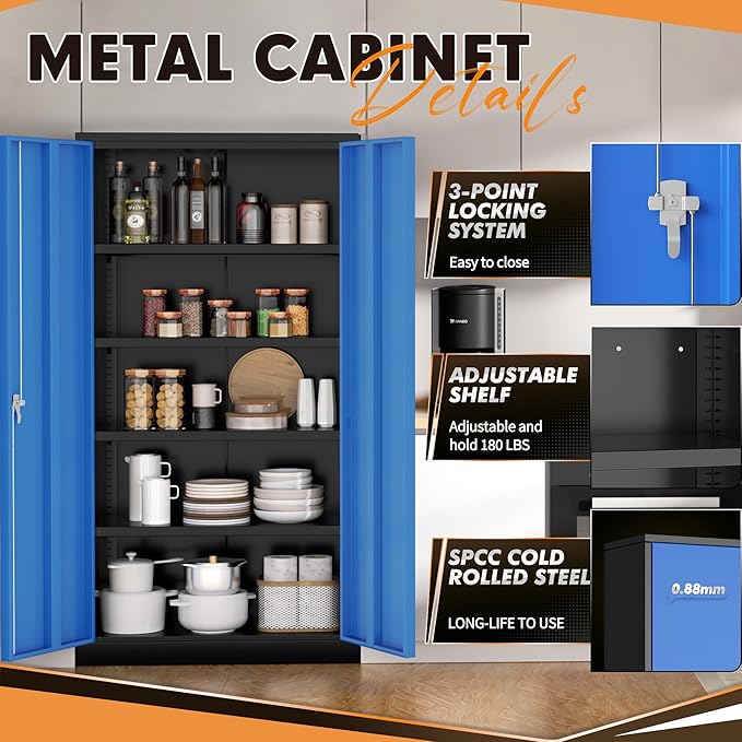INTERGREAT Metal Storage Cabinet with Doors, 72" Locking Steel Storage Cabinet with Shelves, Tall Metal Cabinet Lockable Steel Cabinets for Home Office, Garage,(Black+Blue)