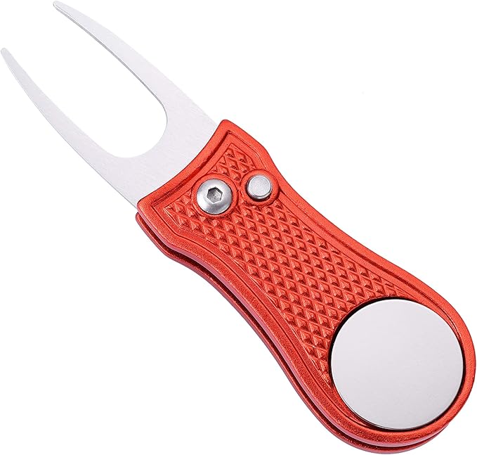 Mile High Life Microfiber Waffle Pattern Golf Towel | Club Groove Cleaner Brush | Foldable Divot Tool with Magnetic Ball Marker (Red Towel/Brush/Bone Divot)