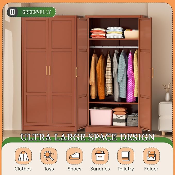 Greenvelly Metal Wardrobe Cabinet with Wooden Handle, 72" Metal Wardrobe Closet with Hanging Rods and Adjustable Shelves, Clothing Storage Closet Cabinet for Home, Office, Employee, Gym (Brown)