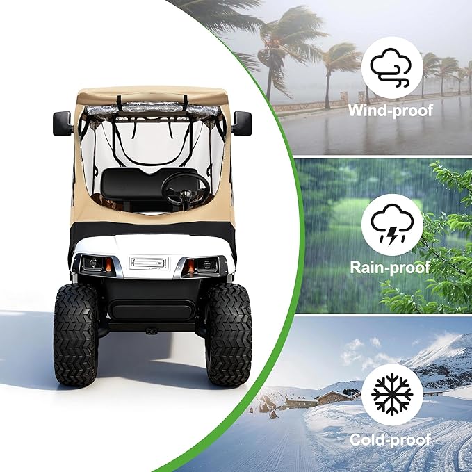 10L0L 2/4 Passenger Golf Cart Driving Enclosure for EZGO TXT/RXV Model, 4-Sided Clear Window 600D Rain Cover All Weather Windproof Waterproof - Black/Beige