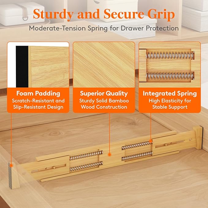 Lifewit 6 Pack Bamboo Drawer Dividers 2.4" High, 17.5-22" Kitchen Drawer Organizers, Adjustable Wooden Drawer Dividers for Clothes, Expandable Drawer Separators for Dresser, Bedroom, Bathroom, Cabinet