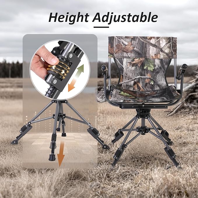 REDCAMP 360° Swivel Hunting Chair with Adjustable Feet for Ground Blinds, Portable Folding Camo Camping Chairs for Adults Hunting Seats with Hard Arms for Fishing Camping