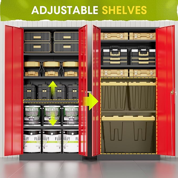 Greenvelly Metal Lockable Storage Cabinet, 72” Tall Storage Cabinet with 2 Doors and 4 Adjustable Shelves for Office, Home, Garage, Pantry (Assembly Required, 18”D, Black Red)
