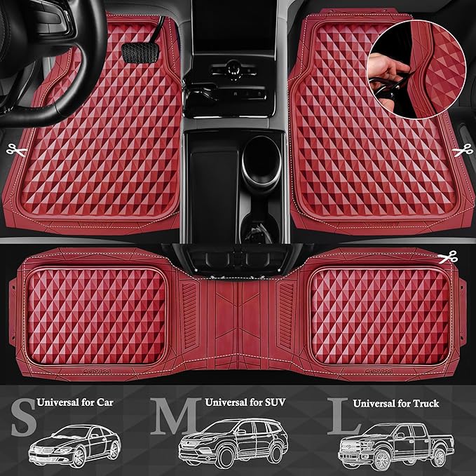CAR PASS Heavy Duty Rubber Red Car Floor Mats & Cargo Liners, Deep Dish All-Weather Trunk Mats Durable Anti-Slip 3D Rhombus Waterproof Trim to Fit Liner Universal Fit Auto,Sedan,SUV,Truck, Burgundy