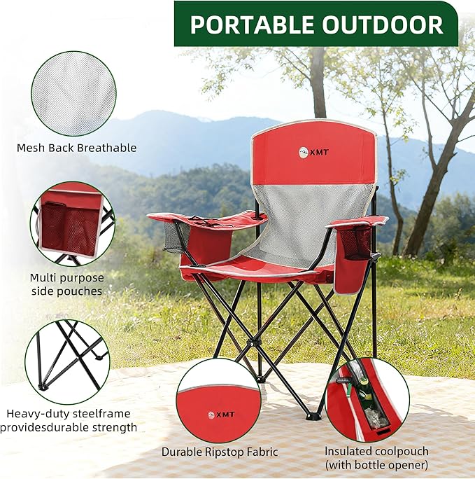 Portable Outdoor Folding Chair with Cup Holder & Cooler Bag - Breathable Mesh, Wide Armrests, Ergonomic Design for Camping, Beach, Backyard - Includes Storage Bag & Bottle Opener (Black/Green/Red)