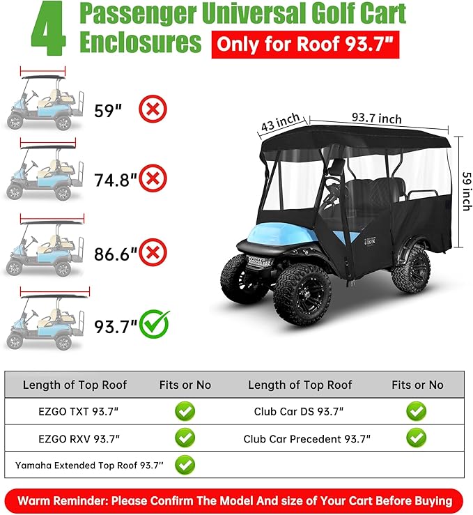 10L0L Universal 4 Passenger Golf Cart Enclosure - Extended Roof 94" Fit for Yamaha, EZGO TXT RXV, Club Car DS Precedent, Golf Cart Rain Cover, 600D Waterproof Driving Enclosure with Side Mirror Open