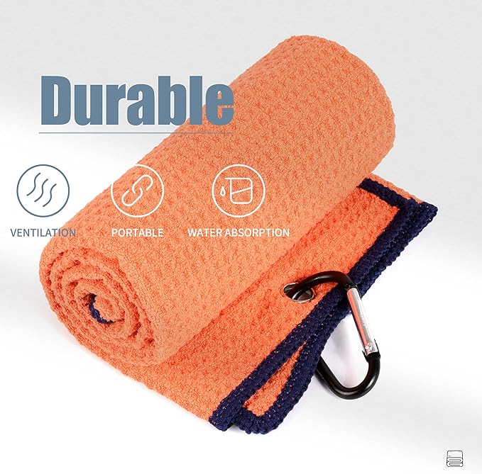 Mile High Life Tri-fold Golf Towel | Premium Microfiber Fabric | Waffle Pattern | with Heavy Duty Carabiner Clip | Golf Towel for Men and Women (2 Pack Orange)
