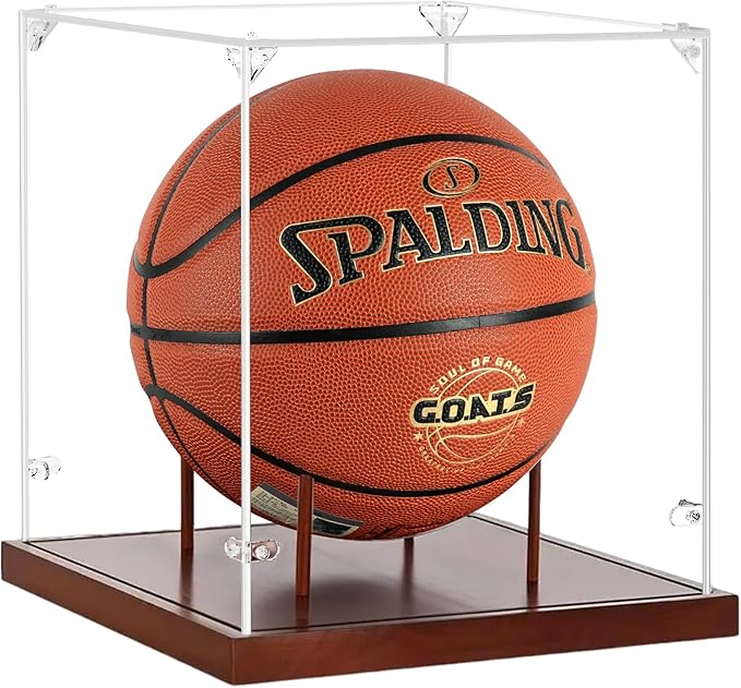 Basketball Display Case Acrylic Clear, Full Size Basketball Case with Solid Wood Base & UV Protected Display Stand for Autographed Standard Ball, Display Case for Basketball Memorabilia Keepsake