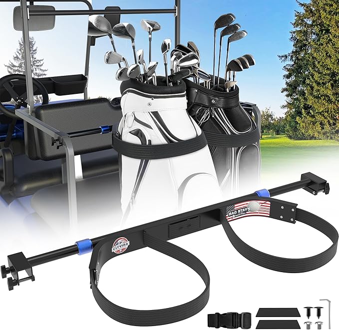 Golf Cart Bag Holder Bracket – Lightweight & Sturdy, No Drilling Required, Adjustable Attachment for EZGO, Club Car, Yamaha 2+2 Rear Seats with 1-Inch Square Tube