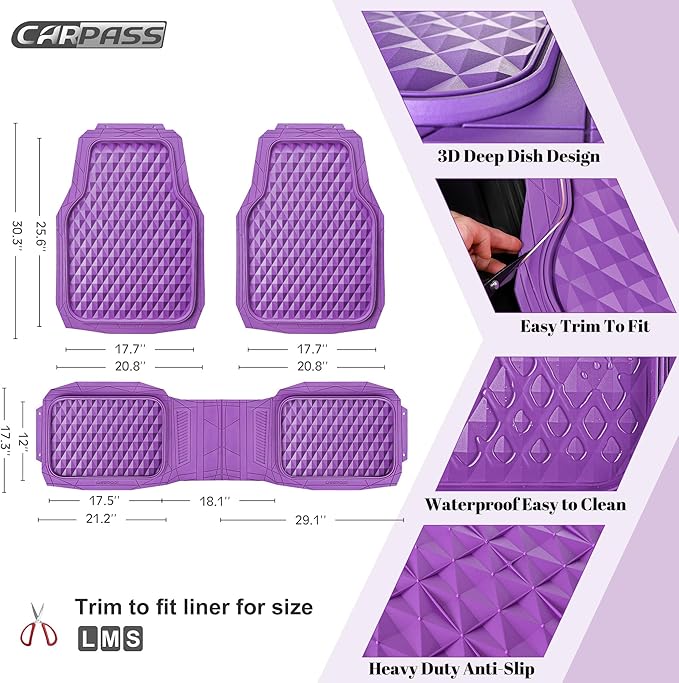CAR PASS Heavy Duty Rubber Car Mats, Deep Dish All-Weather Floor Mat for Car Full Set Durable Anti-Slip 3D Rhombus Waterproof Trim to Fit Liner Universal Fit Automotive,Sedan,SUV,Truck, 3 Pcs Purple